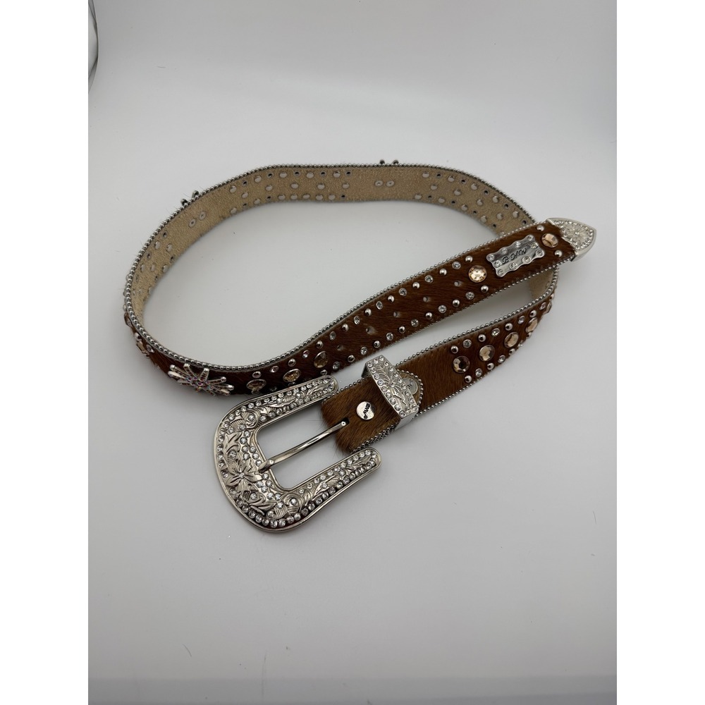 BB Simon Brown Hair on Hide Swarovski Crystal Studded Western Belt Silver Buckle